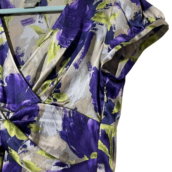 Ann Taylor Womens Size 6 Purple Yellow Floral V Neck Silk Blouse - Picture 3 of 7